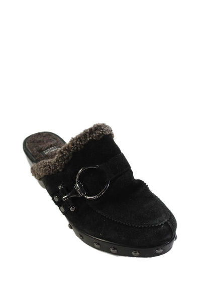 Stuart Weitzman Womens Fuzzy Lined Embellished Suede Clogs Shoes Black Size 8.5M