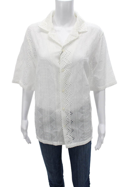 Zara Womens Basic Button-Up White Cotton Collared Short Sleeve Geometric Size M