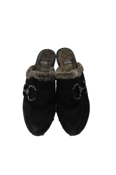Stuart Weitzman Womens Fuzzy Lined Embellished Suede Clogs Shoes Black Size 8.5M