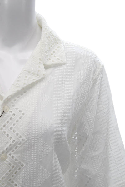 Zara Womens Basic Button-Up White Cotton Collared Short Sleeve Geometric Size M