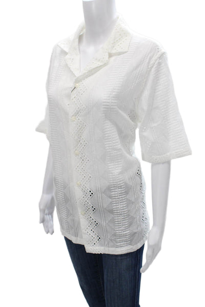Zara Womens Basic Button-Up White Cotton Collared Short Sleeve Geometric Size M