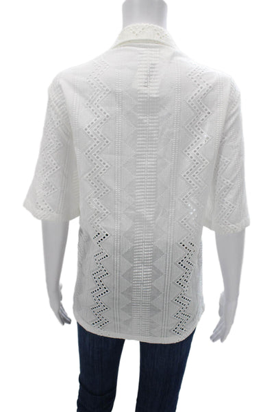 Zara Womens Basic Button-Up White Cotton Collared Short Sleeve Geometric Size M