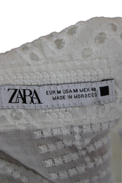 Zara Womens Basic Button-Up White Cotton Collared Short Sleeve Geometric Size M