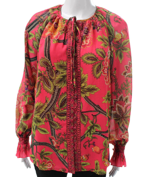 Kobi Halperin Women Tunic Pink Floral Round Neck Long Sleeve Tie Size S