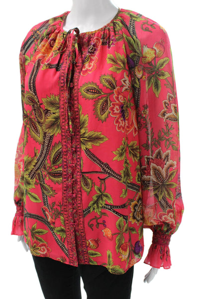 Kobi Halperin Women Tunic Pink Floral Round Neck Long Sleeve Tie Size S