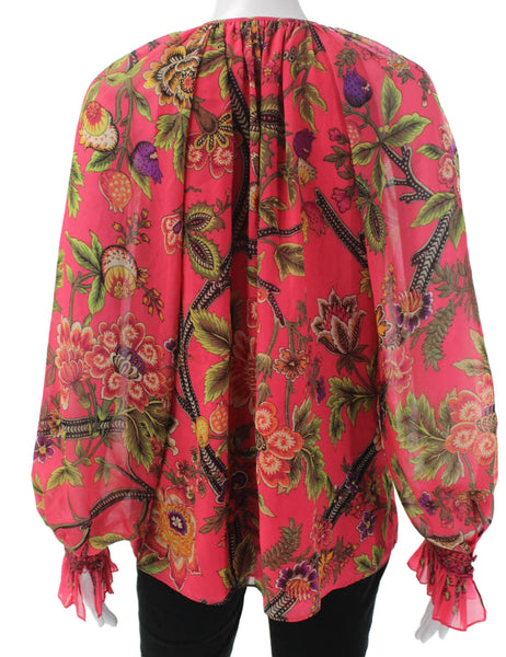 Kobi Halperin Women Tunic Pink Floral Round Neck Long Sleeve Tie Size S