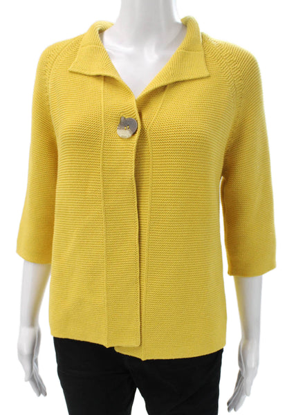 Kinross Women Yellow Cotton Collared 3/4 Sleeve Cardigan Size S