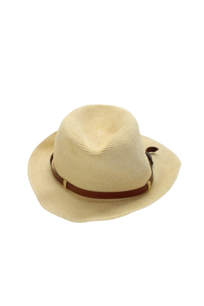 Grevi Women's Leather Wrap Straw Fedora Hat Beige One Size