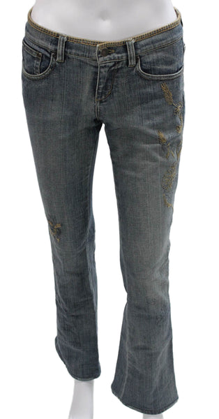 Elie Tahari Women Bootcut Jeans Blue Floral Denim Mid Rise Button Size 26