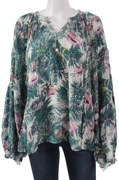 Chufy Women Tunic V-Neck Long Sleeve Floral Multicolor Viscose Button Size L