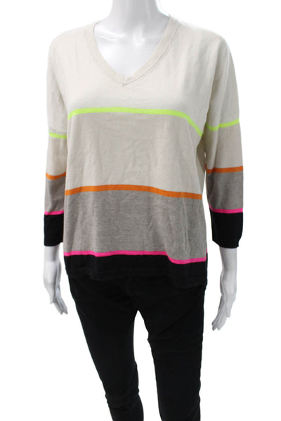 Whisper By Brodie Women Cashmere VNeck Striped Pullover Beige 3/4 Sleeve Size S