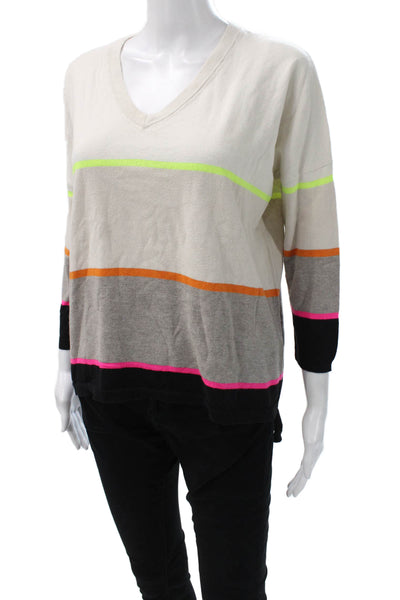 Whisper By Brodie Women Cashmere VNeck Striped Pullover Beige 3/4 Sleeve Size S