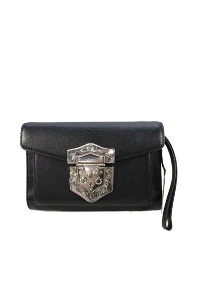 Tardini Womens Leather Silver Tone Push Lock Clutch Handbag Black