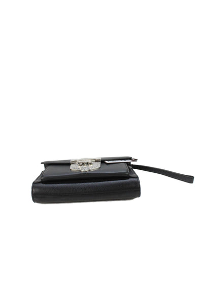 Tardini Womens Leather Silver Tone Push Lock Clutch Handbag Black