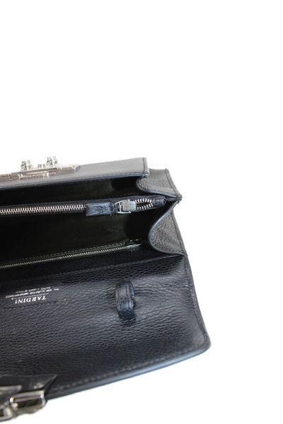 Tardini Womens Leather Silver Tone Push Lock Clutch Handbag Black