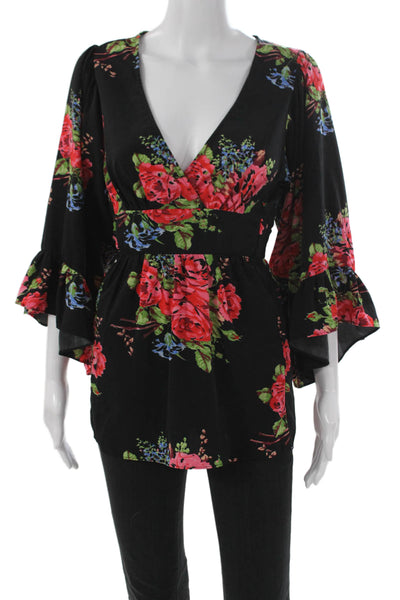 Betsey Johnson Womens Black Floral V-Neck 3/4 Sleeve Tunic Blouse Size S