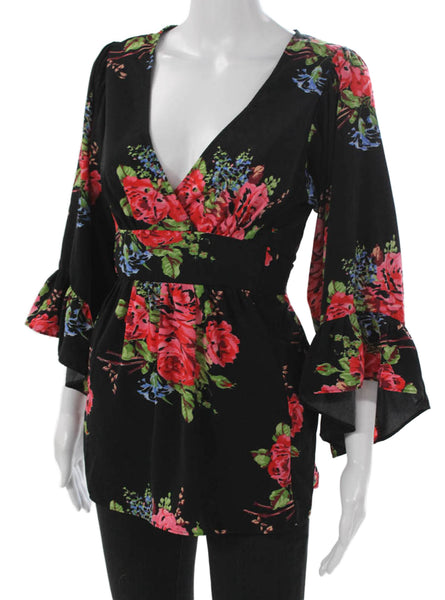 Betsey Johnson Womens Black Floral V-Neck 3/4 Sleeve Tunic Blouse Size S