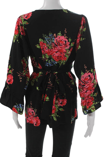 Betsey Johnson Womens Black Floral V-Neck 3/4 Sleeve Tunic Blouse Size S