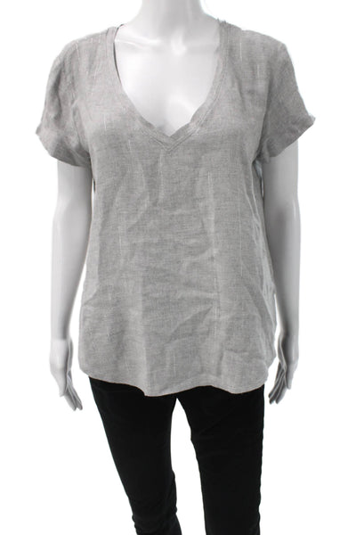 Bella Dahl Womens Viscose Striped V-Neck Short Sleeve Basic Blouse Gray Size S