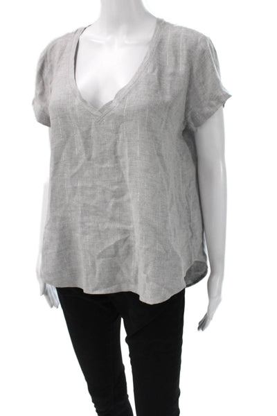 Bella Dahl Womens Viscose Striped V-Neck Short Sleeve Basic Blouse Gray Size S
