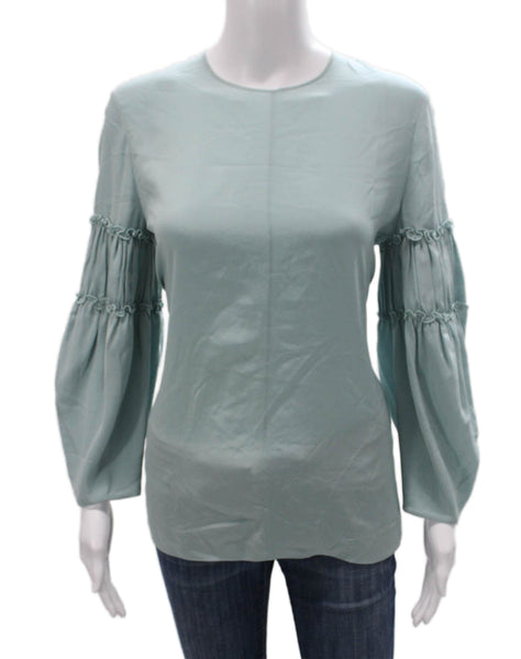 Chloe Womens Basic Silk Blouse Blue Round Neck 3/4 Sleeve Button Size 36