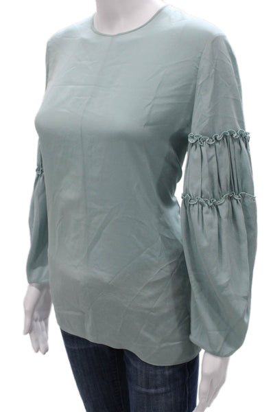Chloe Womens Basic Silk Blouse Blue Round Neck 3/4 Sleeve Button Size 36