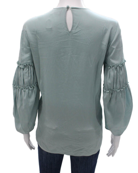 Chloe Womens Basic Silk Blouse Blue Round Neck 3/4 Sleeve Button Size 36