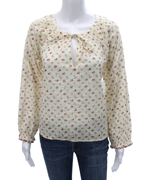 If Only If Womens Blouse Pajama Top Beige Floral Tie Long Sleeve Size XS