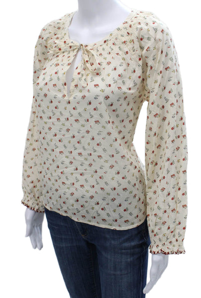 If Only If Womens Blouse Pajama Top Beige Floral Tie Long Sleeve Size XS