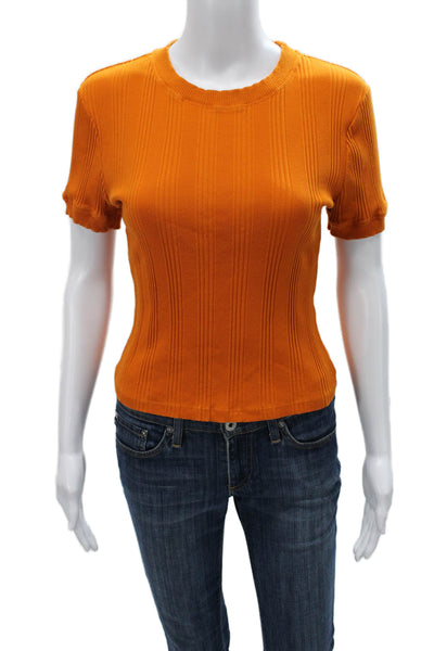 Zara Women Basic Striped Orange Round Neck Short Sleeve T-Shirt Size M
