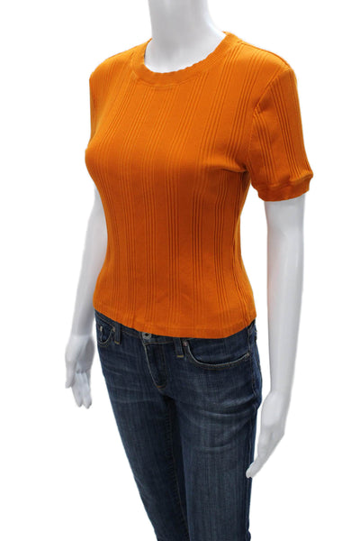 Zara Women Basic Striped Orange Round Neck Short Sleeve T-Shirt Size M