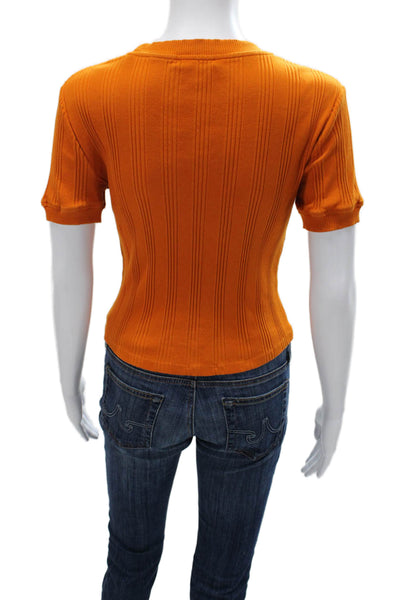 Zara Women Basic Striped Orange Round Neck Short Sleeve T-Shirt Size M