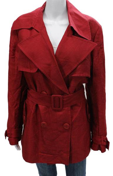 Lafayette 148 New York Women Red Cupro Trench Coat Button Long Sleeve Size 8