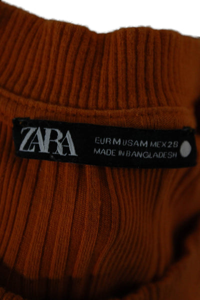 Zara Women Basic Striped Orange Round Neck Short Sleeve T-Shirt Size M