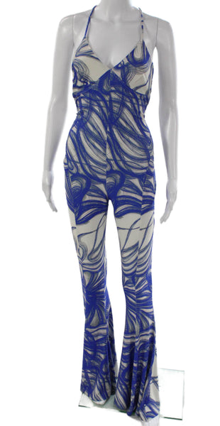 Norma Kamali Women Blue Geometric Halter Sleeveless Jumpsuit Size S