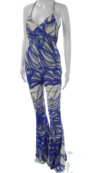 Norma Kamali Women Blue Geometric Halter Sleeveless Jumpsuit Size S