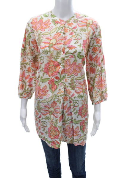 Anokhi Women Multicolor Floral Cotton Collared 3/4 Sleeve Tunic Button Size S