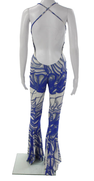 Norma Kamali Women Blue Geometric Halter Sleeveless Jumpsuit Size S