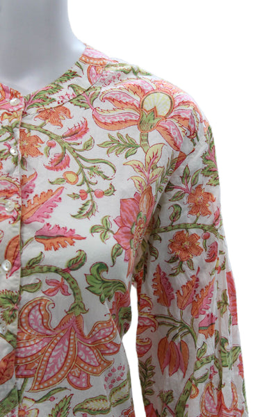 Anokhi Women Multicolor Floral Cotton Collared 3/4 Sleeve Tunic Button Size S
