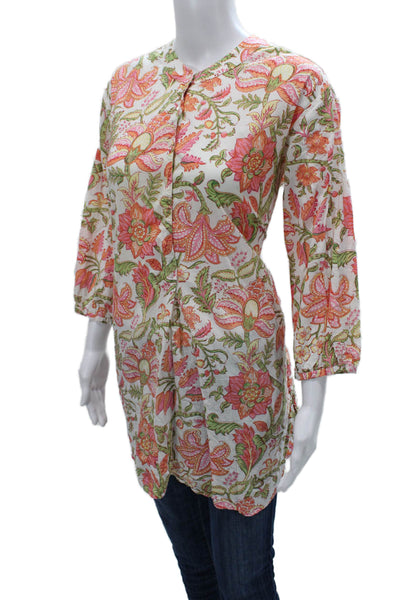 Anokhi Women Multicolor Floral Cotton Collared 3/4 Sleeve Tunic Button Size S