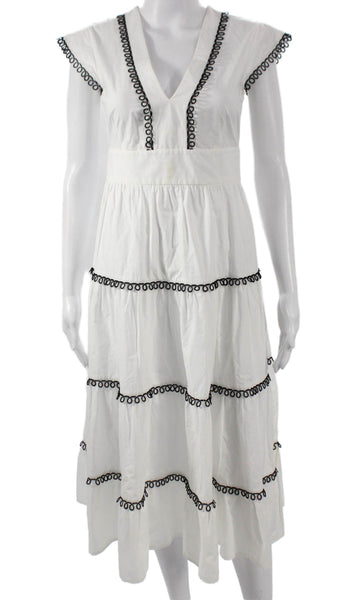Pinko Unisex White Textured V-Neck Mid-Calf Dress Short Sleeve Nylon Size S