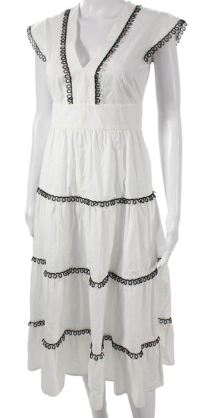 Pinko Unisex White Textured V-Neck Mid-Calf Dress Short Sleeve Nylon Size S