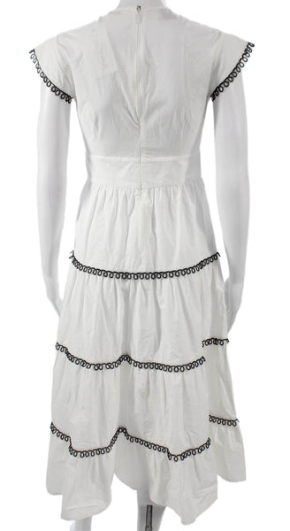 Pinko Unisex White Textured V-Neck Mid-Calf Dress Short Sleeve Nylon Size S