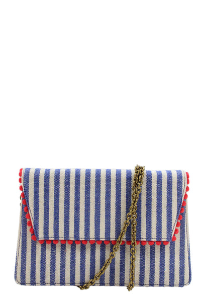 J Crew Womens Single Strap Pom Pom Flap Canvas Striped Handbag Blue White