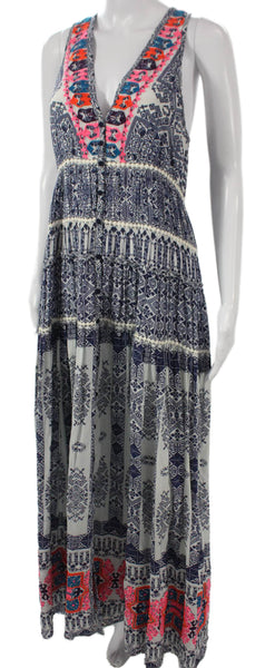 Rococo Sand Women Maxi Silk V-Neck Sleeveless Geometric Dress Button Size XS
