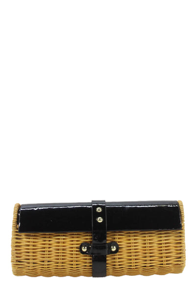 J Crew Womens Patent Leather Trim Wicker Clutch Handbag Brown Black