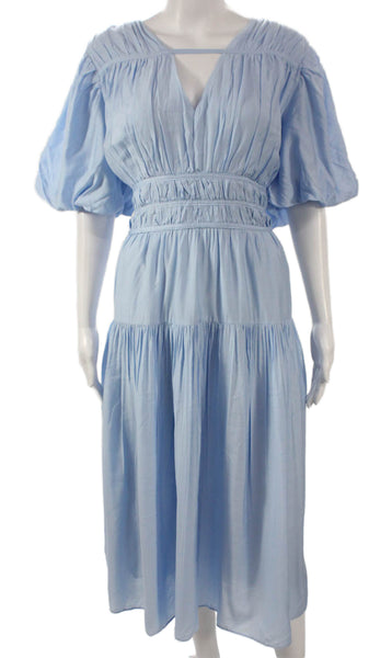 Saks Fifth Avenue Womens Fit & Flare Blue Rayon V-Neck Half-Sleeve Dress Size XL