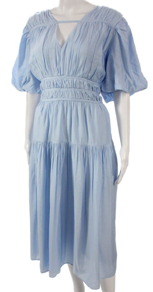 Saks Fifth Avenue Womens Fit & Flare Blue Rayon V-Neck Half-Sleeve Dress Size XL
