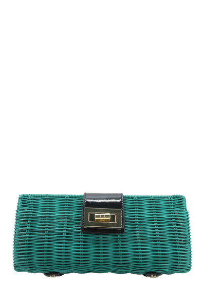 J Crew Womens Turnlock Wicker Clutch Handbag Green Black Gold Tone