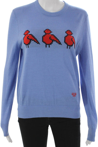 Tory Sport Women Pullover Merino Wool Blue Bird Print Crewneck Size XS
